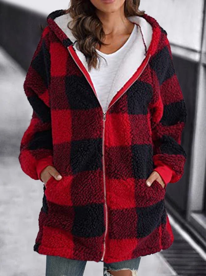 Mikha™ | Soft Ladies Checked Fleece Hooded Coat