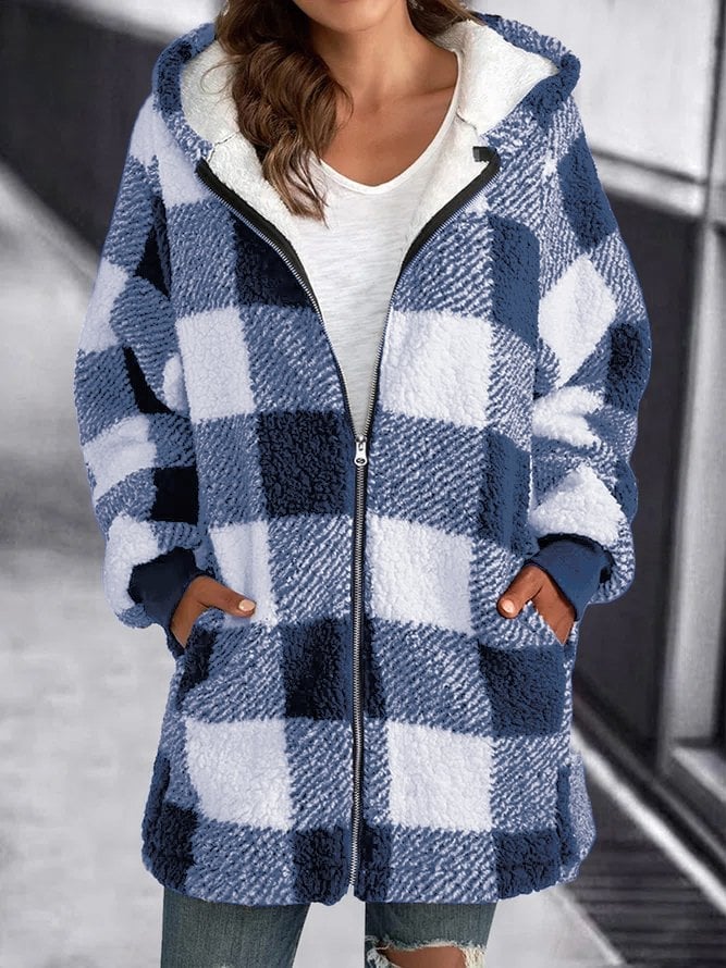 Mikha™ | Soft Ladies Checked Fleece Hooded Coat