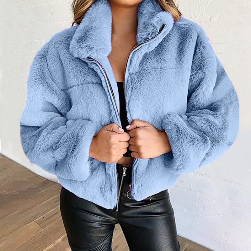 Charlene™ | Women's Semi Crop Top Rabbit Fur Coat