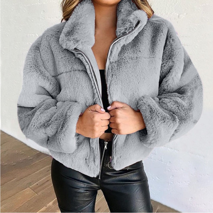 Charlene™ | Women's Semi Crop Top Rabbit Fur Coat