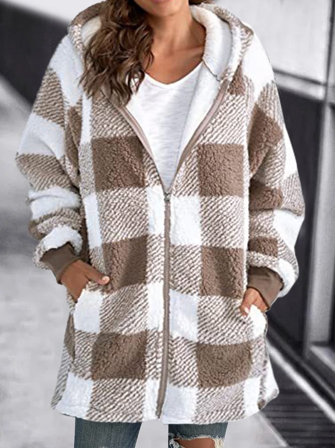 Mikha™ | Soft Ladies Checked Fleece Hooded Coat